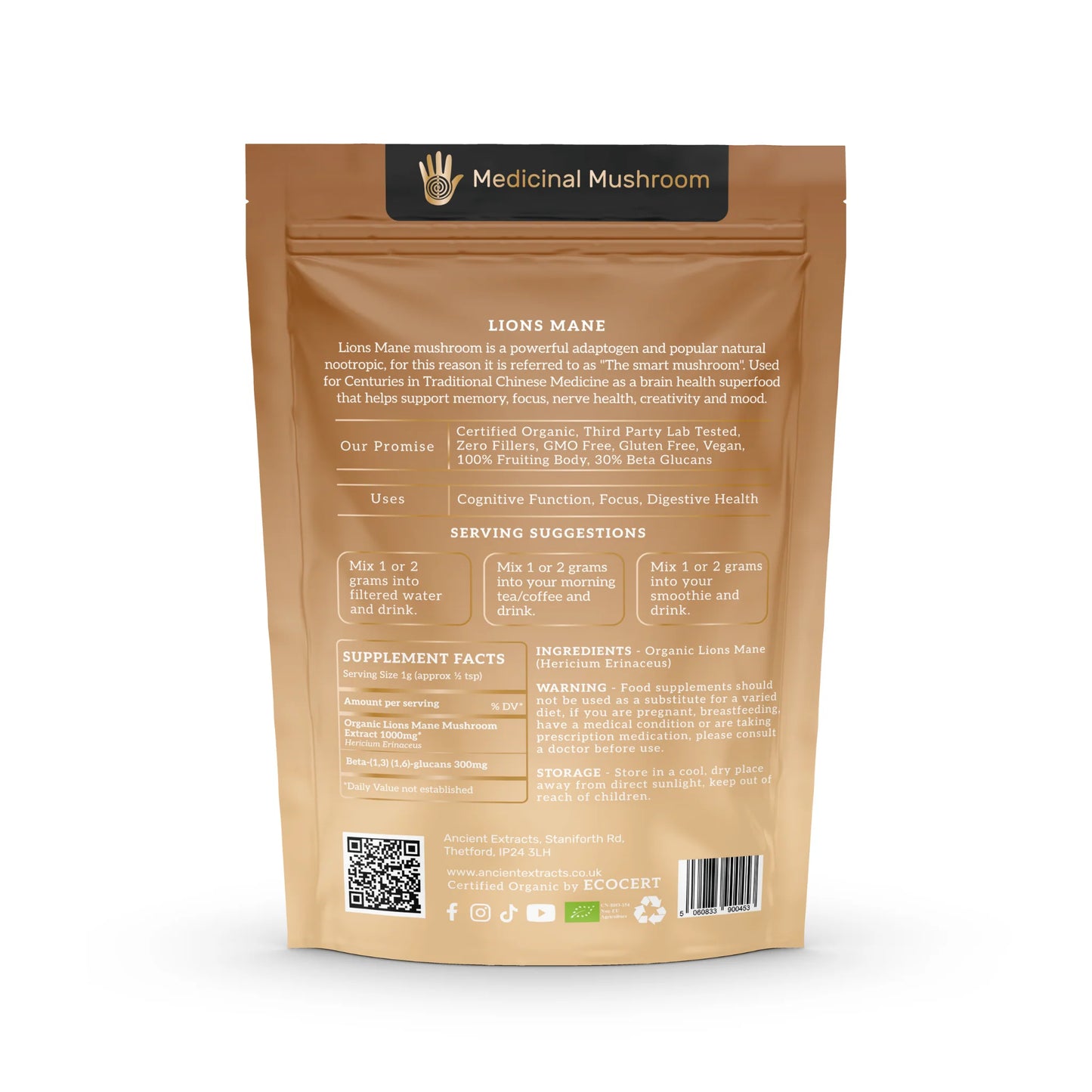 Ancient Extracts Organic Lion’s Mane Mushroom Powder 30% Beta Glucan (60g)
