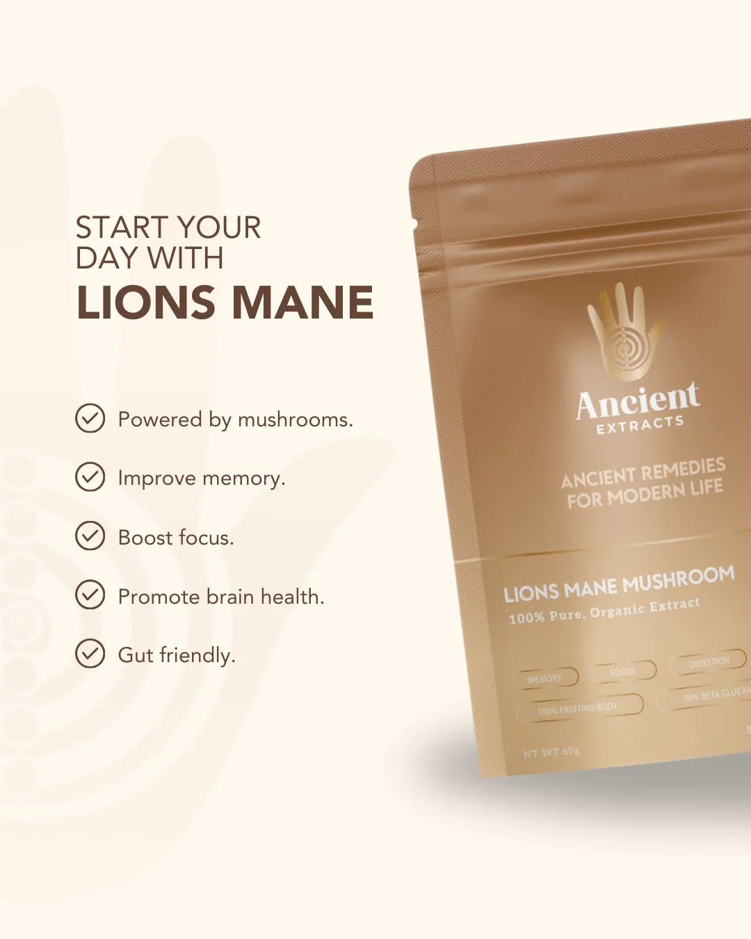 Ancient Extracts Organic Lion’s Mane Mushroom Powder 30% Beta Glucan (60g)