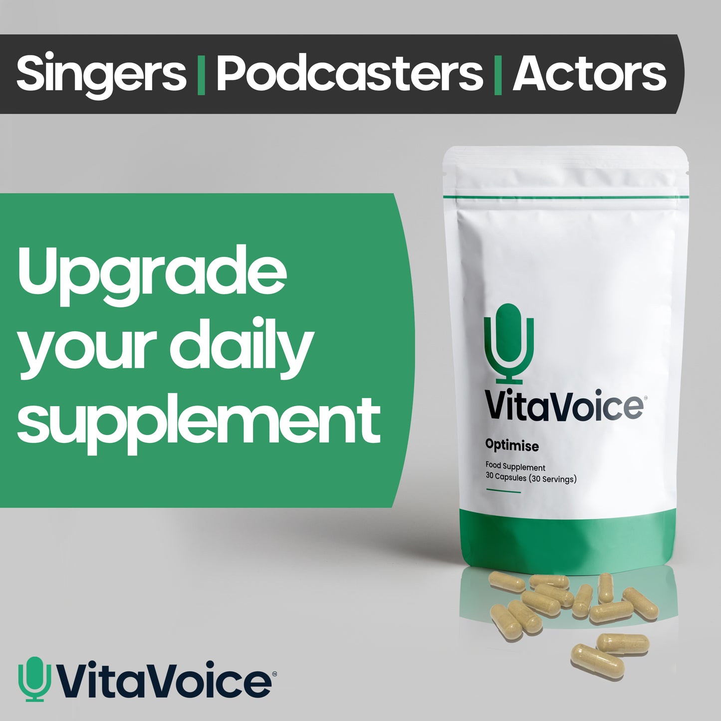 VitaVoice Optimise supplement pack with capsules for singers podcasters and actors, vocal health