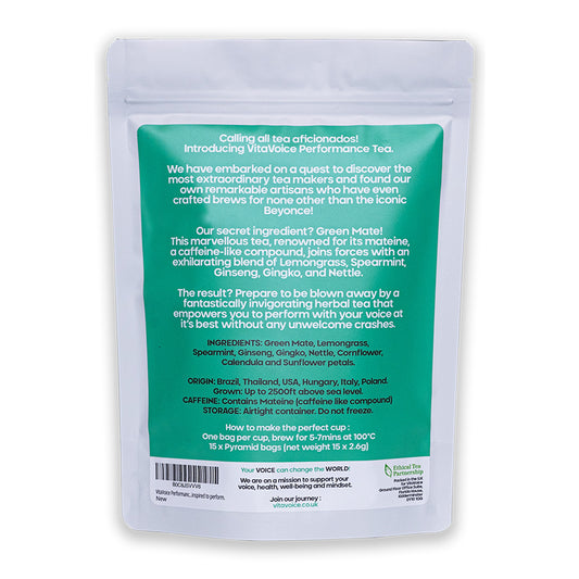 VitaVoice performance voice care tea for singers featuring green mate and herbal blend in resealable pouch