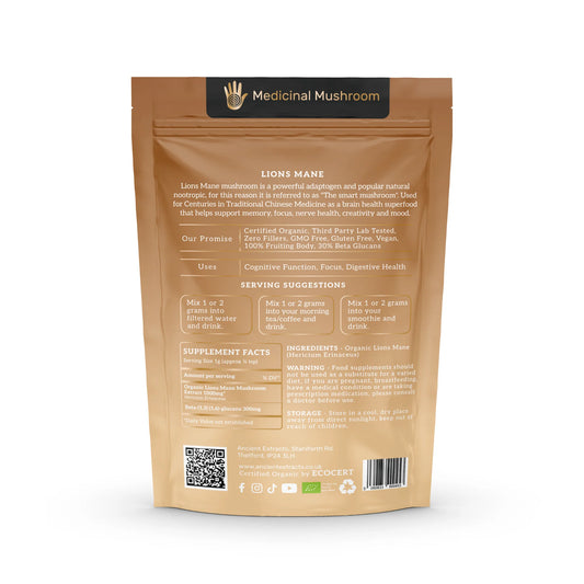 Ancient Extracts Organic Lion’s Mane Mushroom Powder 30% Beta Glucan (60g)