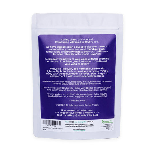 VitaVoice Vocal Recovery Tea showing tea ingredients and brewing instructions